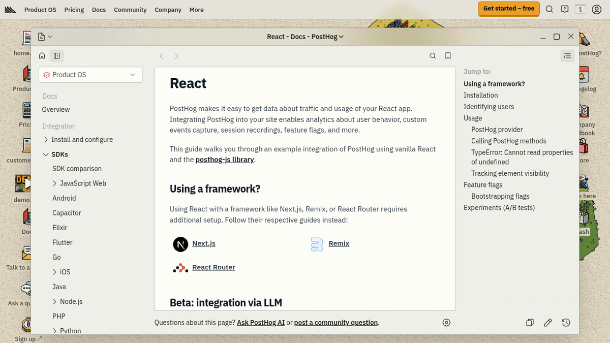 Screenshot of https://posthog.com/docs/libraries/react
